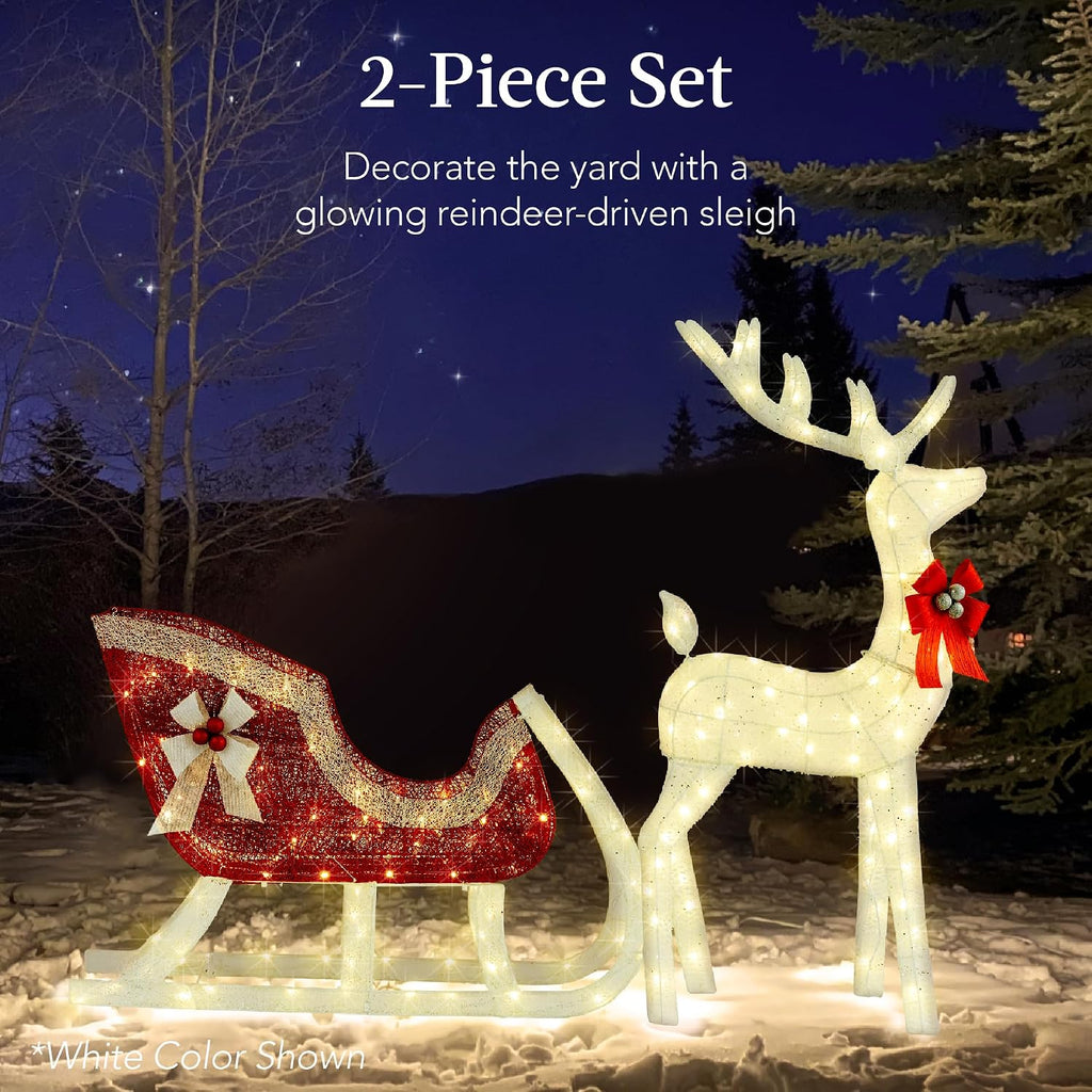Lighted Christmas 4ft Reindeer & Sleigh Holiday Outdoor Yard Decoration Set w/ 205 LED Lights, Stakes, Zip Ties