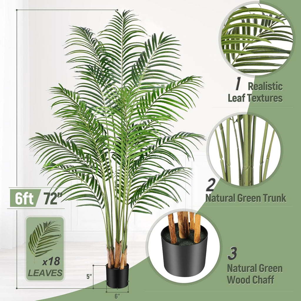 Artificial Palm Tree 6ft Tall Fake Palm Tree Indoor Decor with 18 Leaves and Real Bark Design Faux Tropical Areca
