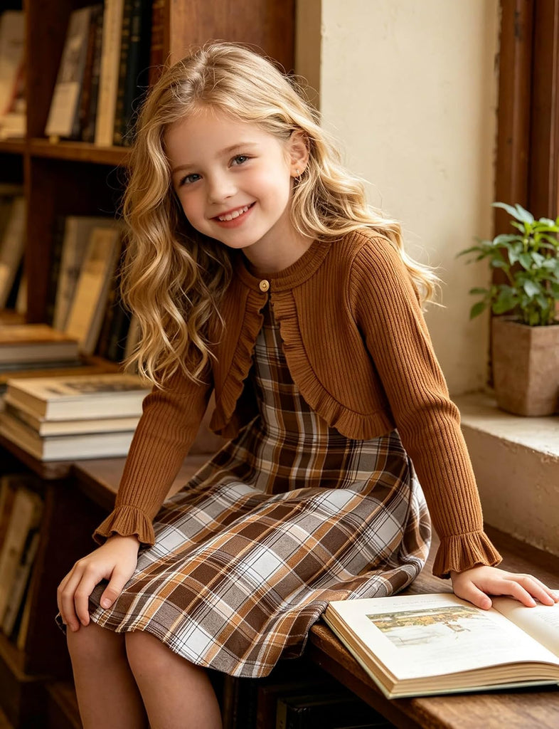 Girl Sleeveless Dresses with Long Sleeve Ruffle Cardigan