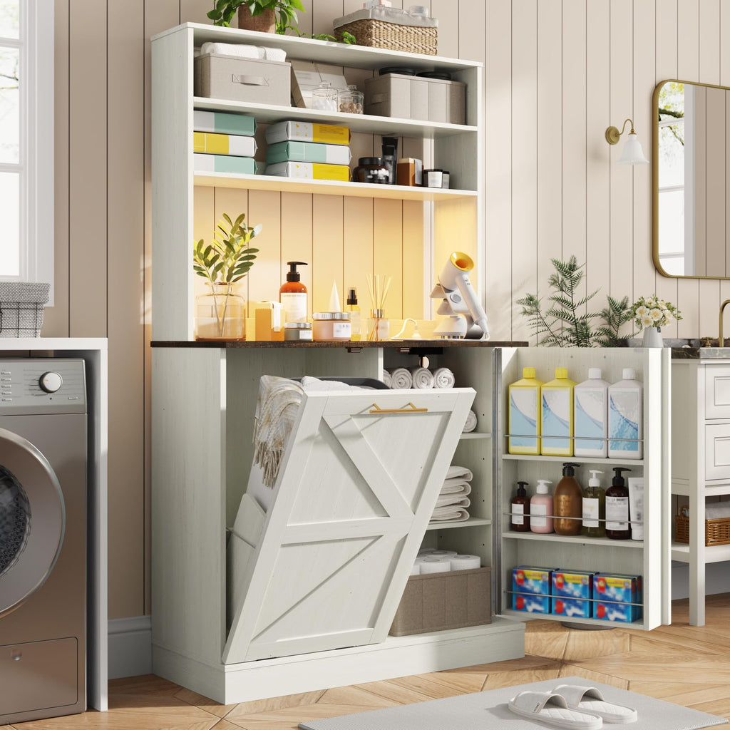 63" H Pantry Cabinets with 10 Gallon Trash Can, Led Light, Outlet, 35" W Kitchen Hutch with Tilt Out Trash Can