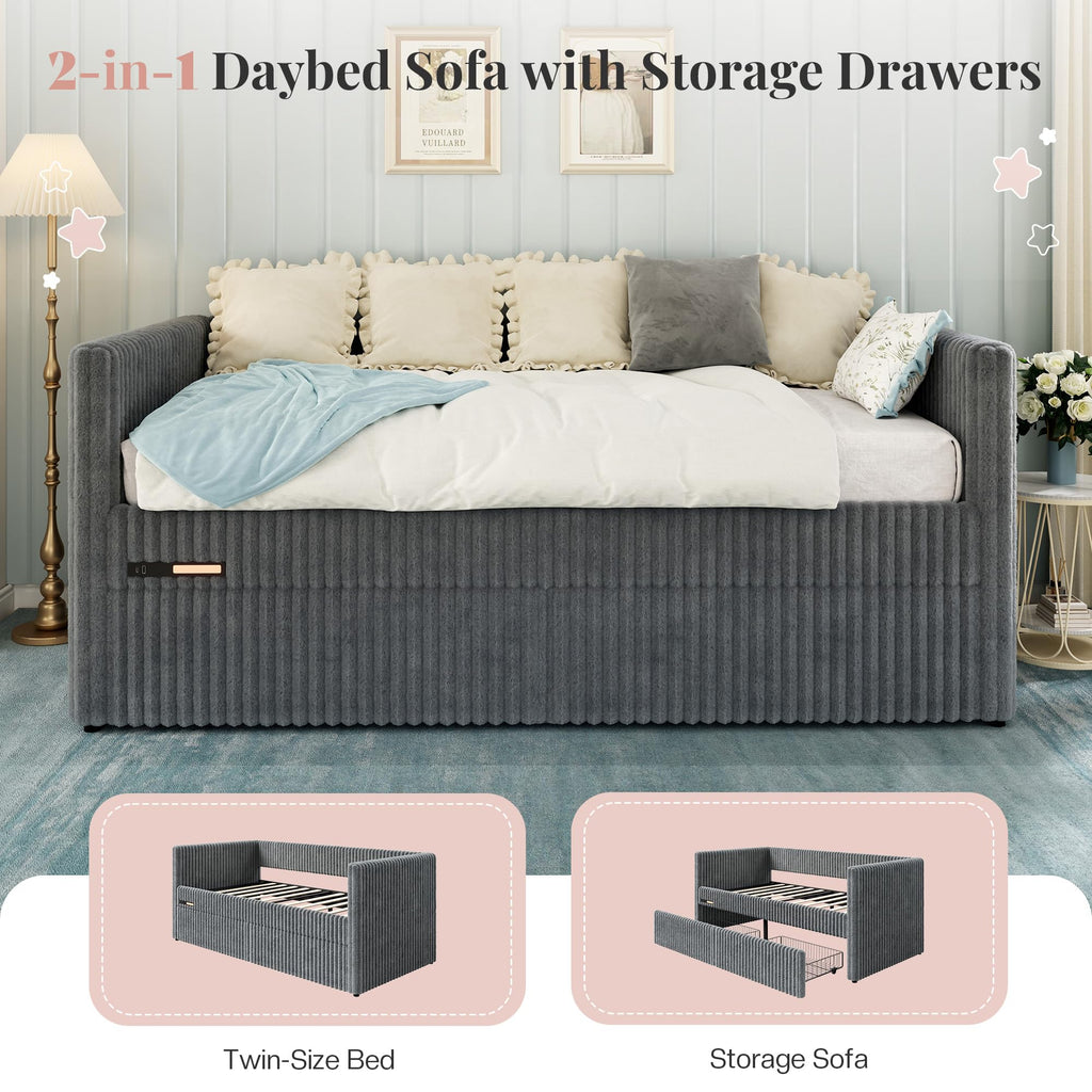 Twin Daybed with Storage Drawers, Corduroy Upholstered, Grey