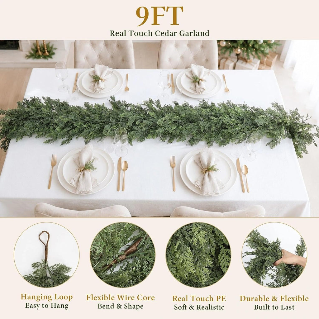 Christmas Garland 9FT Decorations Real Touch Cedar Cypress Pine Greenery Artificial Green Christmas Garland - Set of 9