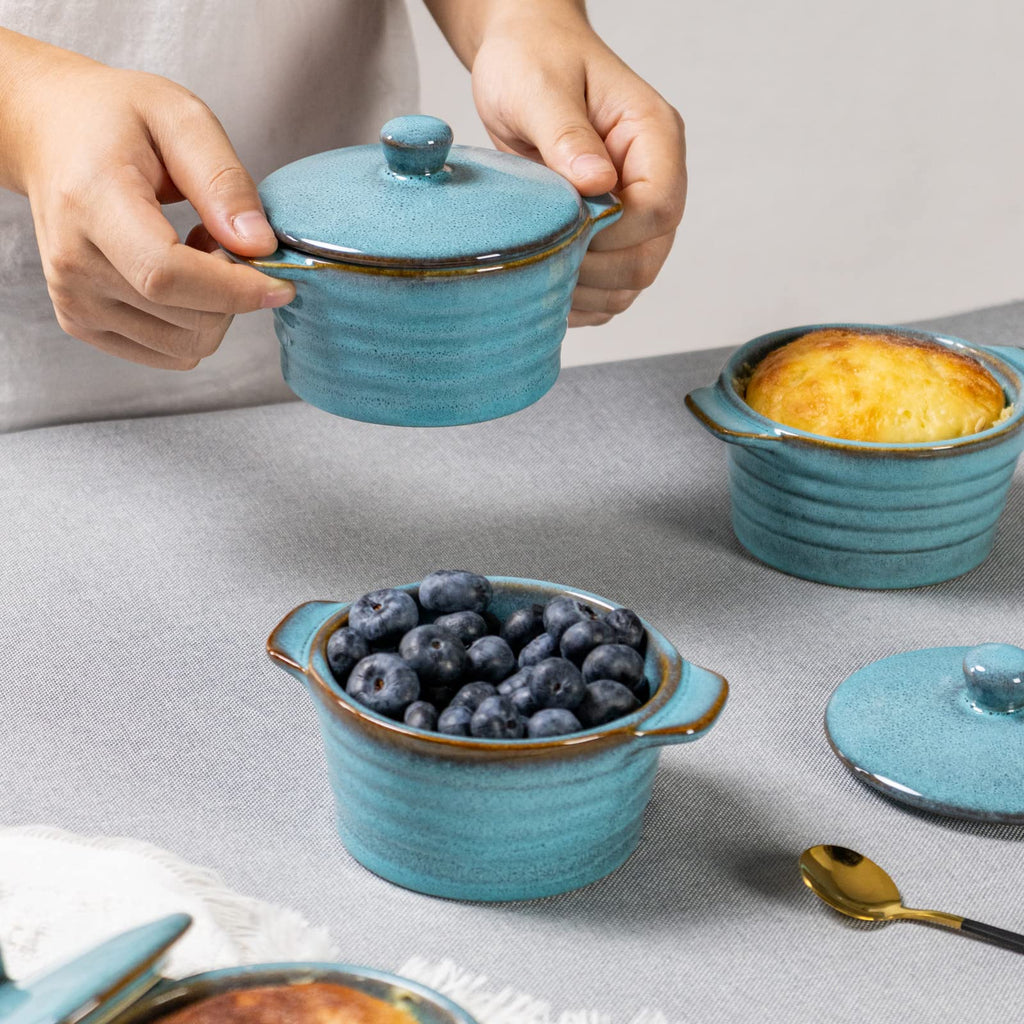 Creme Brulee Ramekins 8 oz with Lids, Oven Safe Bowls for French Onion Soup - Souffle Dish, Mini Covered Casserole
