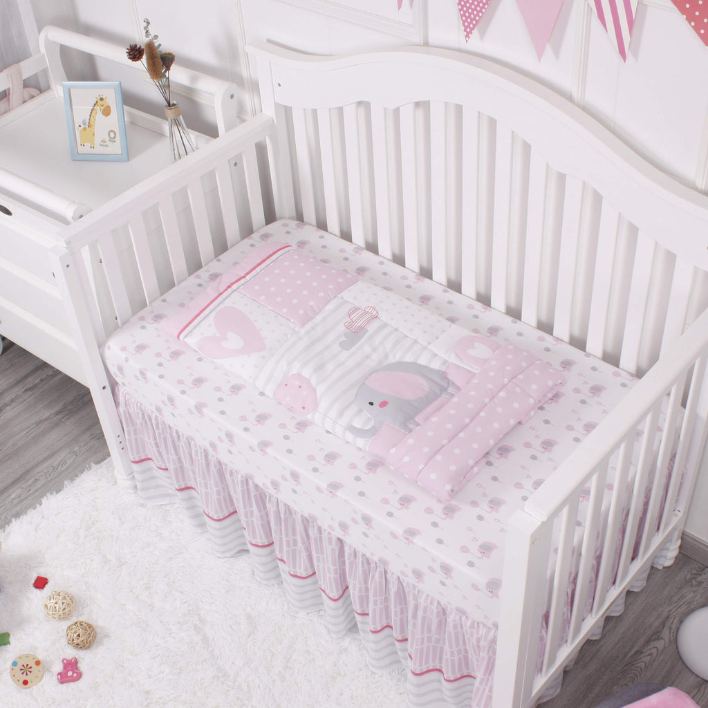 Baby Crib Bedding Set for Girls, Pink Elephant & Love Balloons 3 Piece Standard Size Nursery Crib Set for Baby Girls