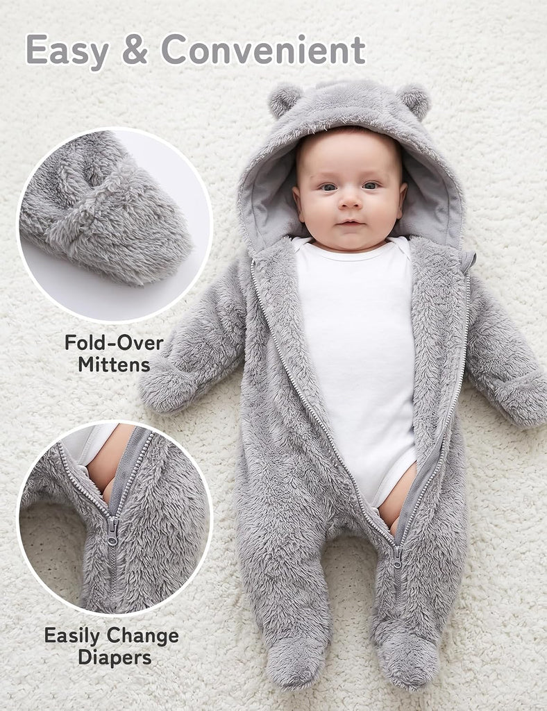Baby Hooded Fleece Romper Long Sleeve Onesie Outwear Outfits