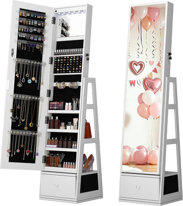 360° Swivel Jewelry Armoire With Drawer, Full Length Mirror, White