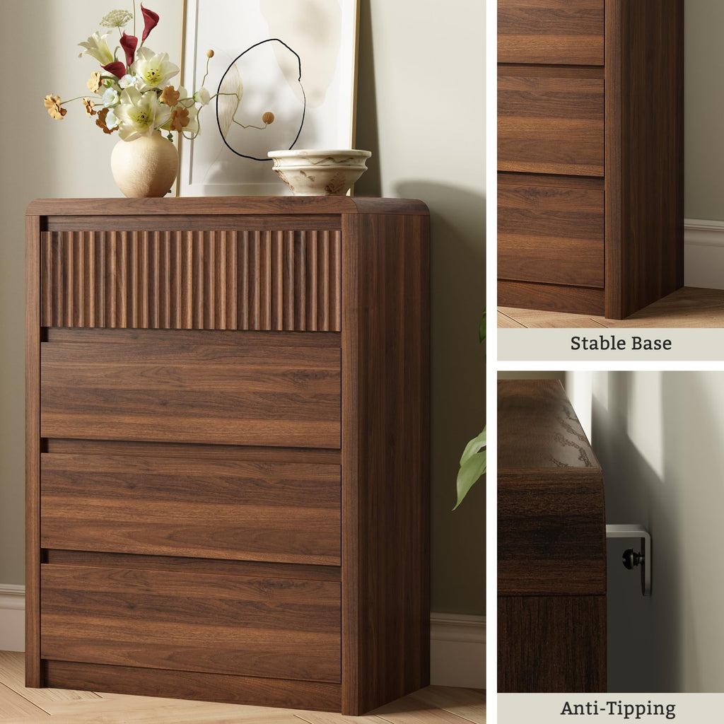4 Drawer Dresser, 40" Tall Fluted Dresser with Curved Corners, Wood Dressers & Chests of Drawers with Dual-Panel