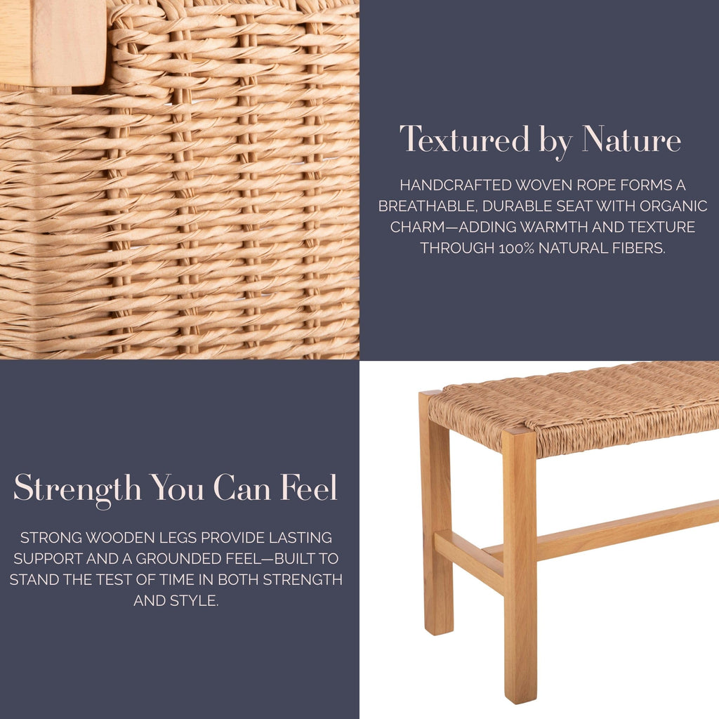 Newport Solid Wood Entryway Bench with Woven Rope Seat, Light