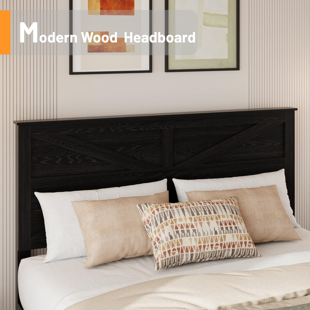 Farmhouse Wooden Bed Frame with Headboard, Black