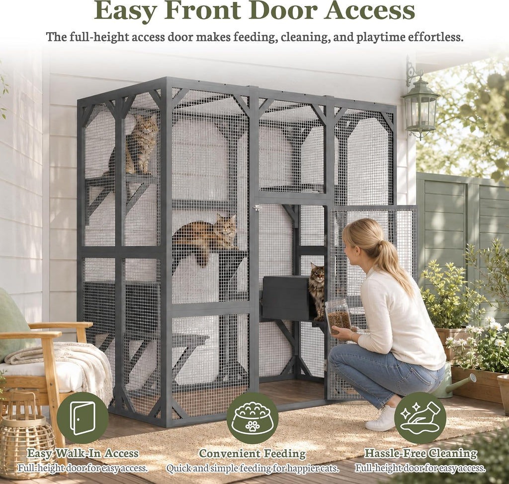 71" H Catio Outdoor Cat Enclosure Large Walk in Wooden Outdoor Catio Grey