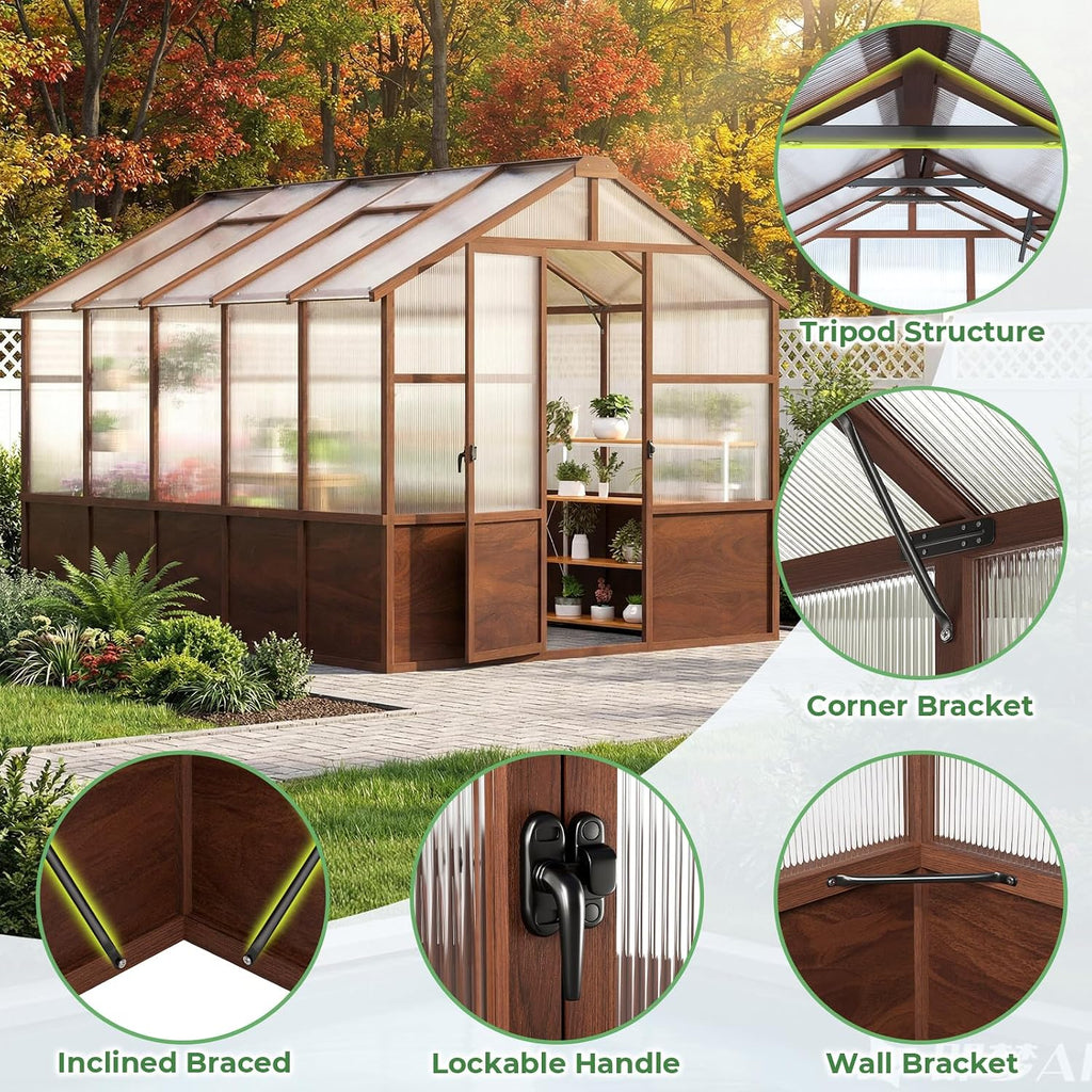 8x10ft Outdoor Greenhouse, Wooden Frame Polycarbonate Greenhouse with Adjustable Roof Vents and Lockable Door Handle