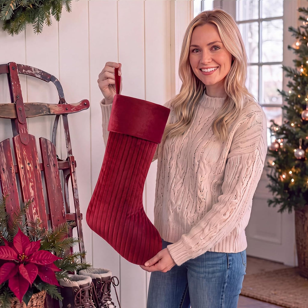 4 Christmas Stockings Set 19 Inch Velvet Quilted Stocking, Red,White