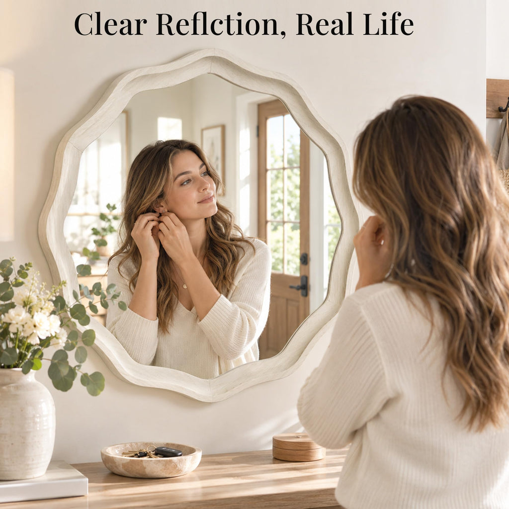 24 Inch Washed White Scalloped Round Bathroom Mirror, Wood Frame