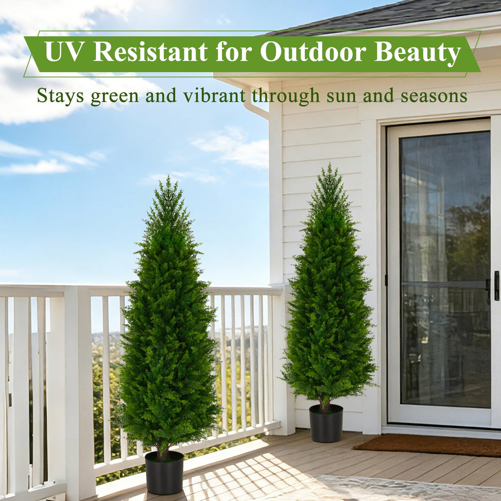 4 Ft Artificial Cedar Topiary Trees 2 Pack, UV Resistant Potted Faux Cypress Shrubs with Extra Dense Foliage for
