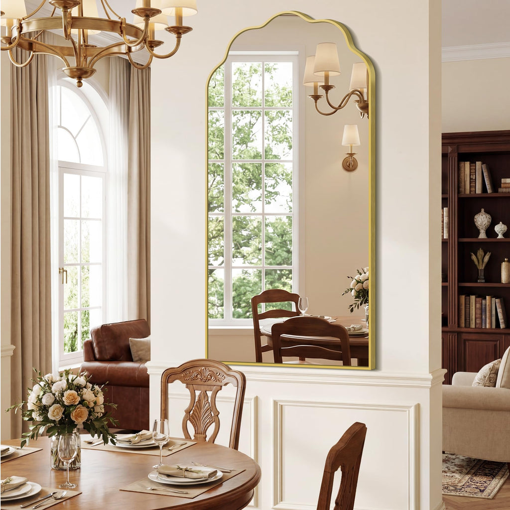 Large Gold Arched Mirror, 24×48Inch Scalloped Mirror, Wavy Wall Mounted Vanity Mirror with Aluminum Alloy Frame