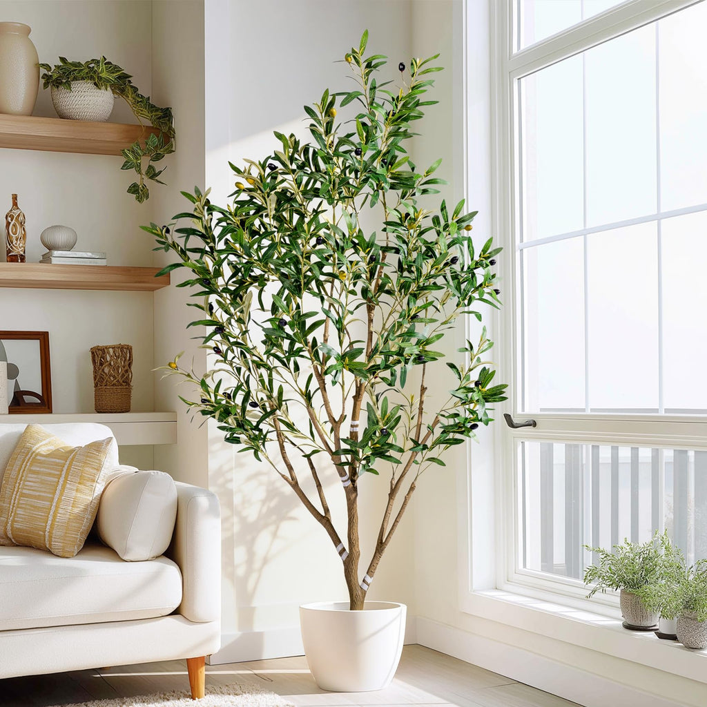 5FT Faux Olive Tree with White Pot & Moss, Artificial Olive Tree Indoor Outdoor, PE/PVC Leaves, Realistic Resin Trunk