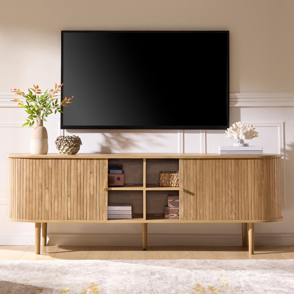 70" Mid-Century Modern Fluted TV Stand with Storage, Natural Oak