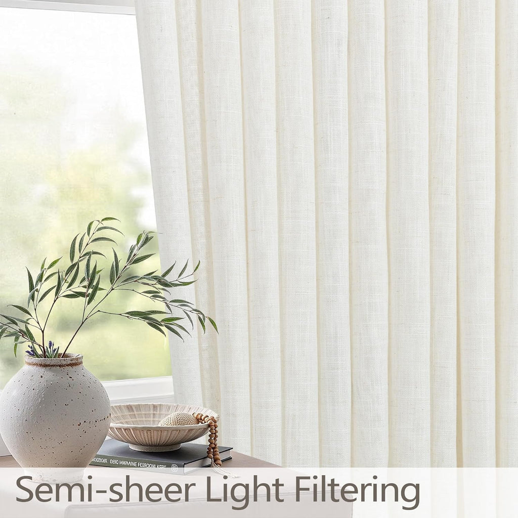 Natural Pinch Pleated Linen Cream Curtains 84 Inch Length 2 Panels for Living Room Bedroom Ivory Semi Sheer Light