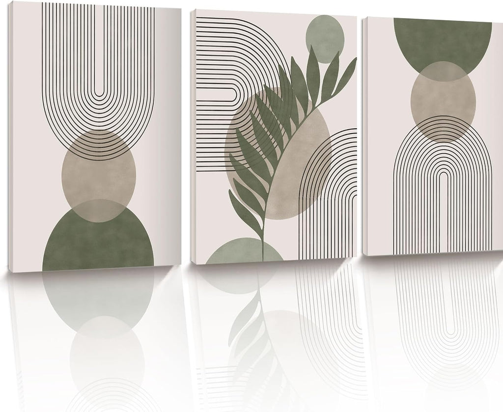 CM Sage Green Boho Wall Art, Botanical Geometric Framed Canvas Bathroom Wall Art, Mid-Century Modern Wood Frame