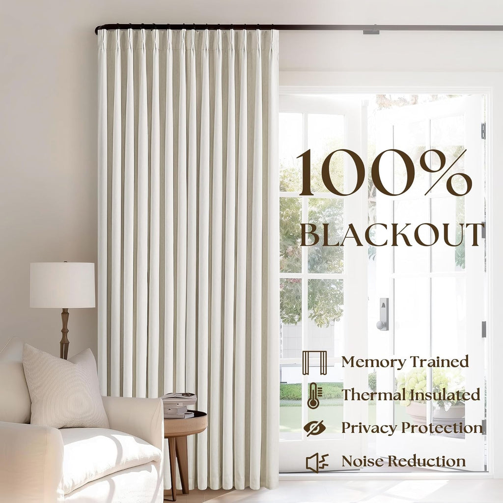 Pinch Pleated Linen Blackout Curtains 96 Inches Long for Living Room 2 Panel Set Cream Ivory 100% Black Out Pinch