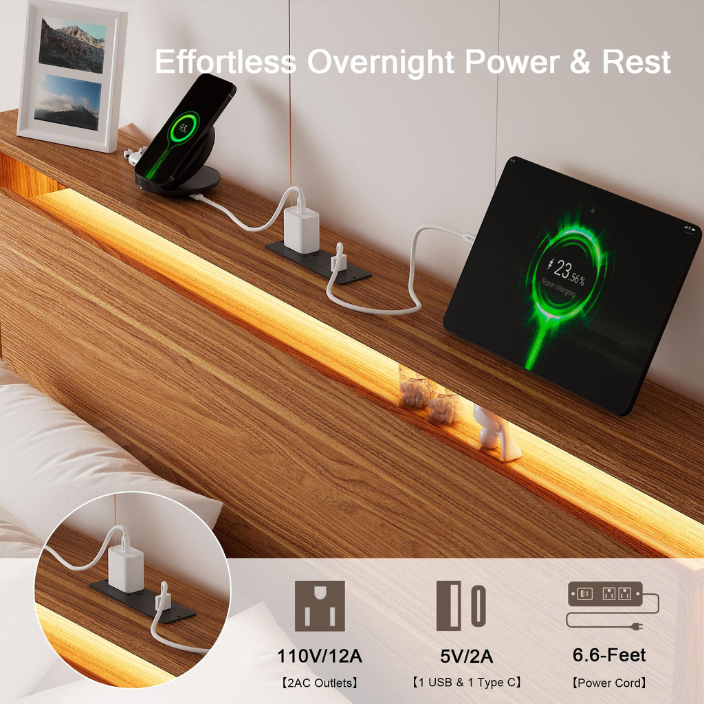 King Size Bed Frame with LED Lights & Charging Station - Wood Floating Bed Frame with Storage Headboard, Adhesive
