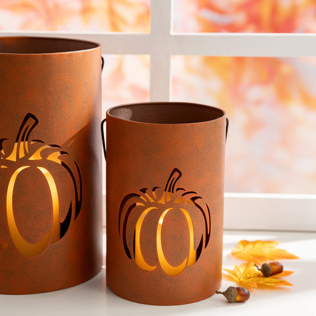 2 Pcs Farmhouse Fall Lanterns Thanksgiving Metal Candle Lanterns Buckets Indoor Outdoor Decorations Thankful Fall