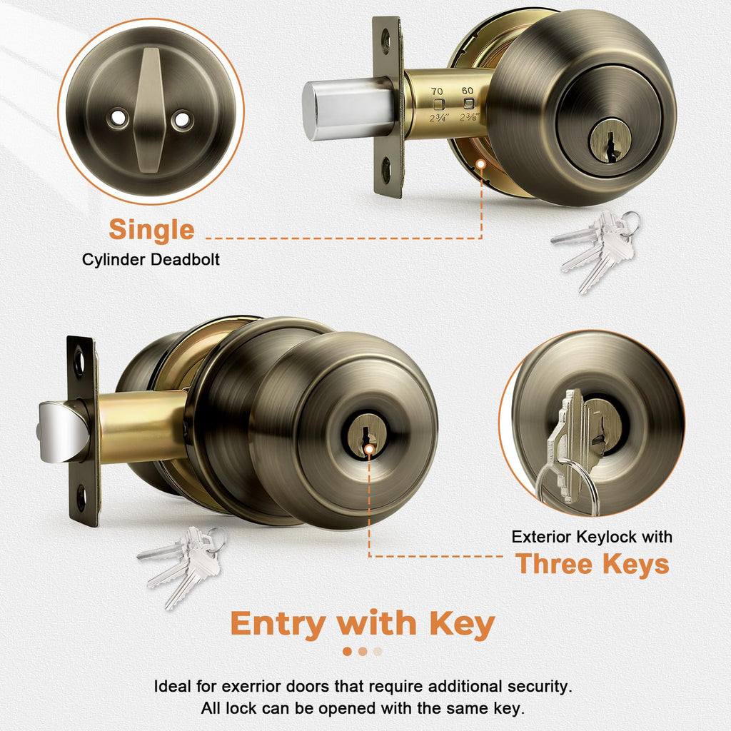 1 Pack Entry Door Knob Set with Single Cylinder Deadbolt Combo Set, Antique Brass Front Door Handle Keyed Alike