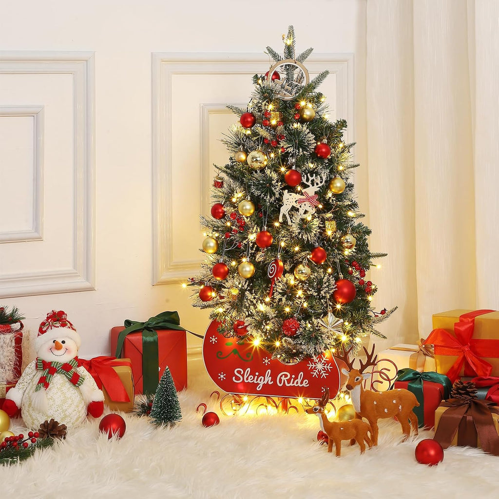 3 ft Christmas Tree with 78 Lights, Pre-Lit Artificial Desktop Xmas Tree with 8 Mode Includes Red Berries & Sleigh