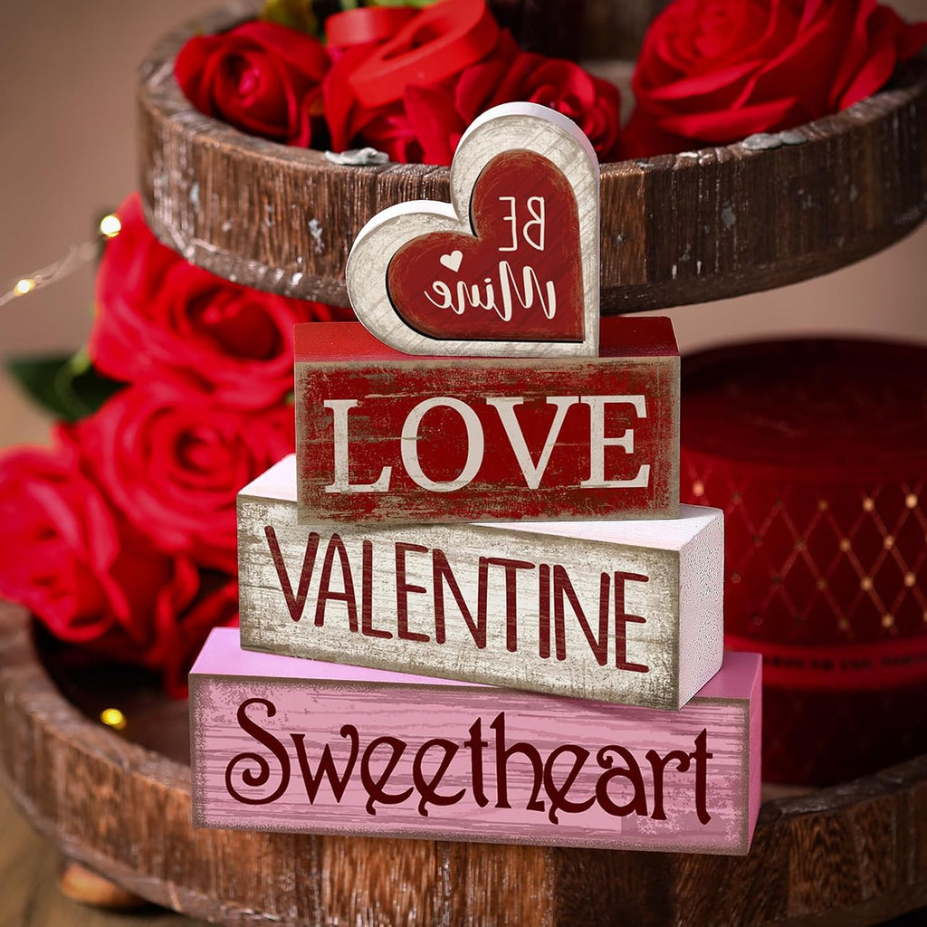 Wooden Valentine Block Signs Tiered Tray Decor - Set of 4