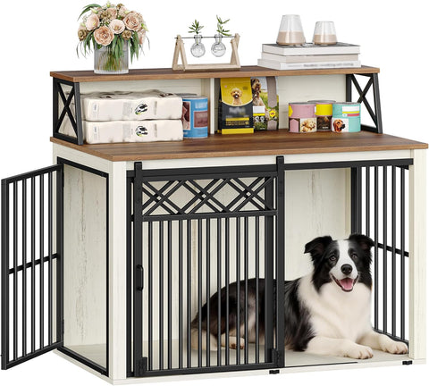 39.4'' Dog Crate Furniture, Large Wooden Dog Crate with Storage and 3 Doors, Indoor Kennel for Medium/Large Dogs