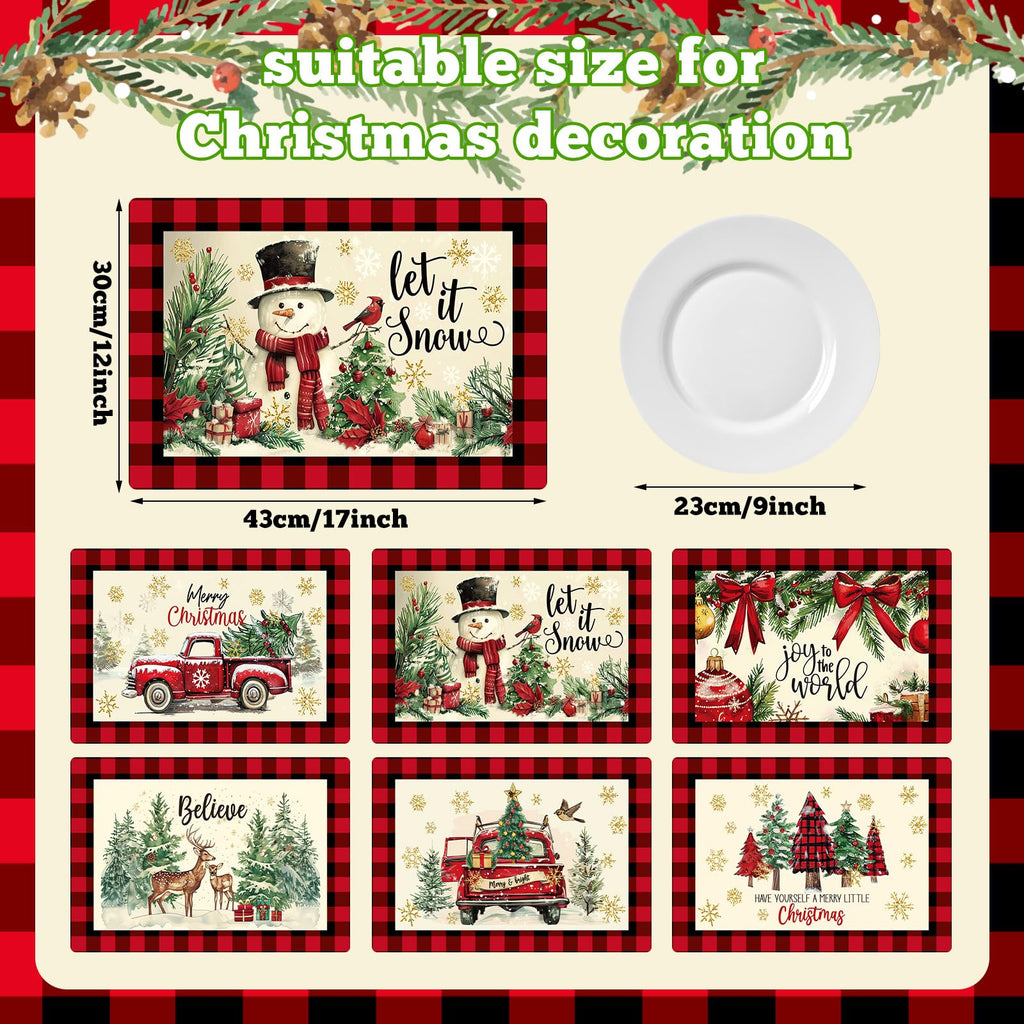 6 Pcs Christmas Placemats 17 x 12" Winter Table Mats, Classic