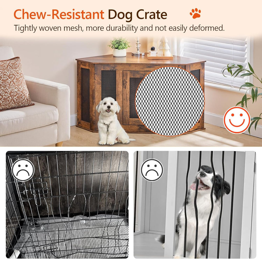 Corner Dog Crate Furniture, Wooden Dog Kennel End Table, Decorative Pet Crate Indoor Use