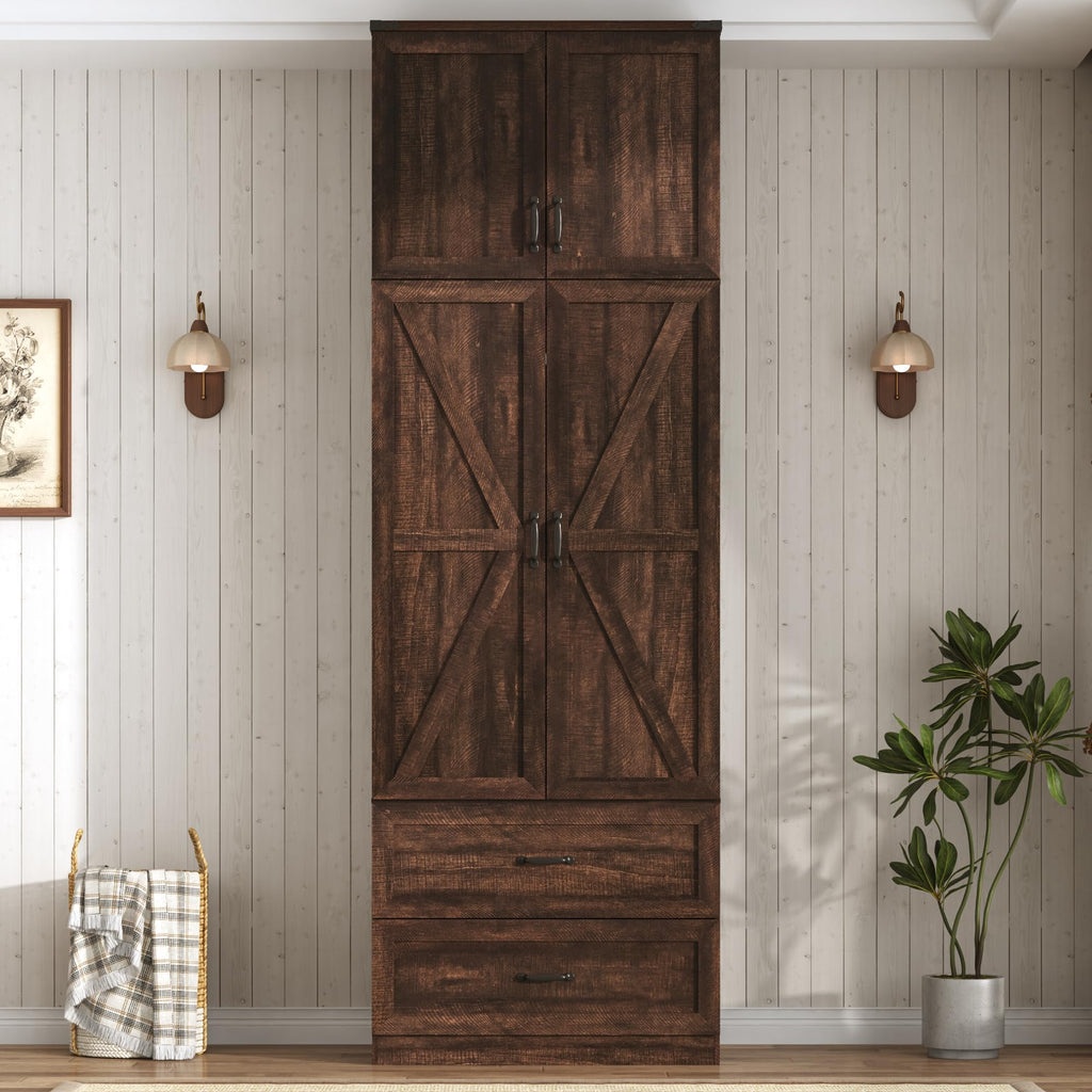 94" Tall Farmhouse Armoire Wardrobe Closet, 4 Doors & 2 Drawers, Brown