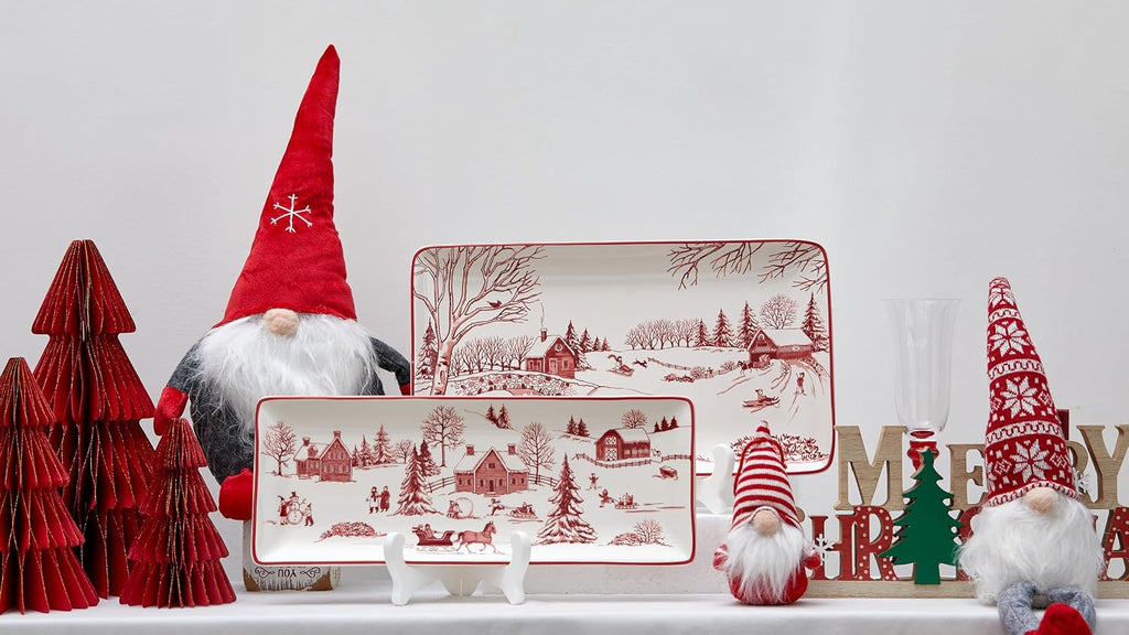 Toile De Jouy Winter Wonderland Ceramic Rectangular Serving Platters Set of 2, 14 Inch, Microwave & Dishwasher Safe