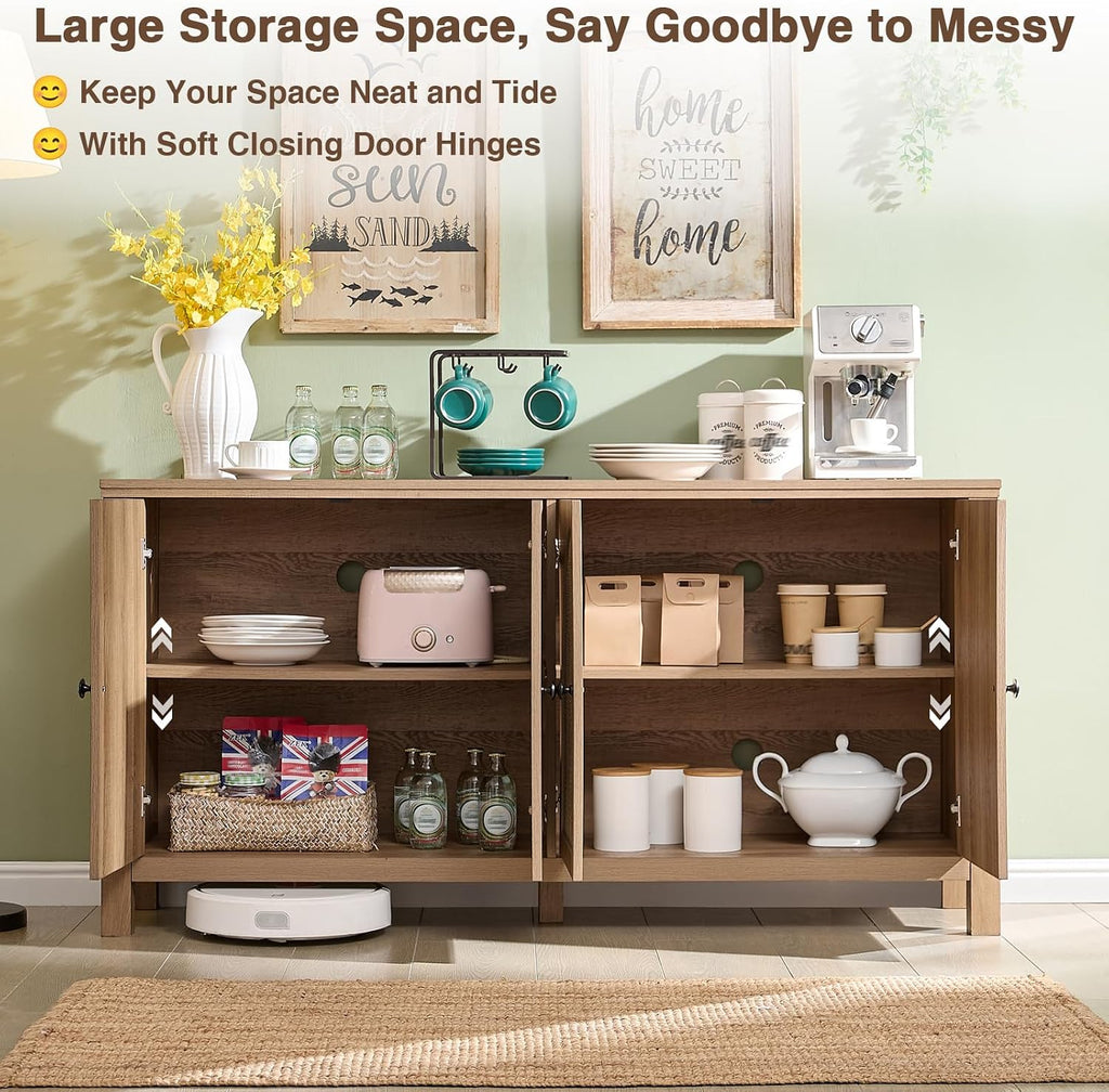 60" Rattan Sideboard Buffet Cabinet with Storage | Sideboard With Rattan Doors, Spacious Storage And Soft-Close