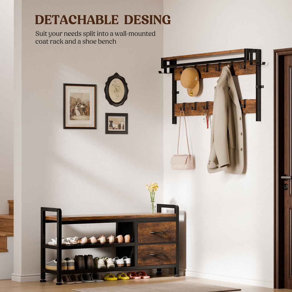 Coat Rack, 39.4" Hall Tree with Shoe Storage Bench, Rustic Brown