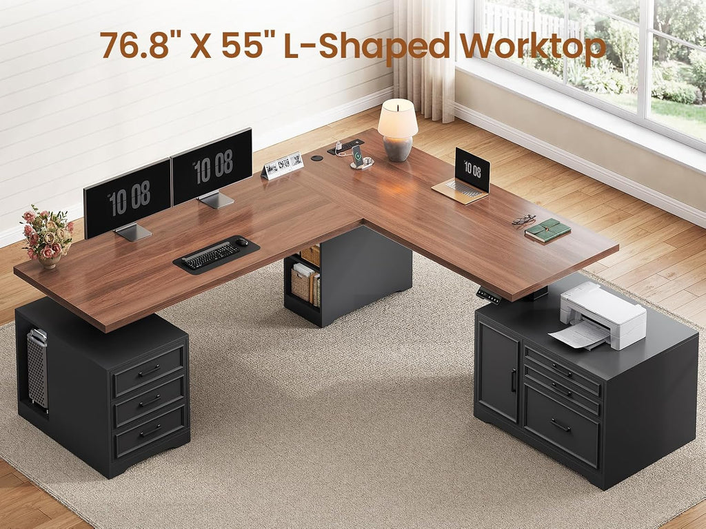 Farmhouse L Shaped Electric Standing Desk with File Cabinet, 77 x 55'' Height Adjustable Home Office Computer Desk