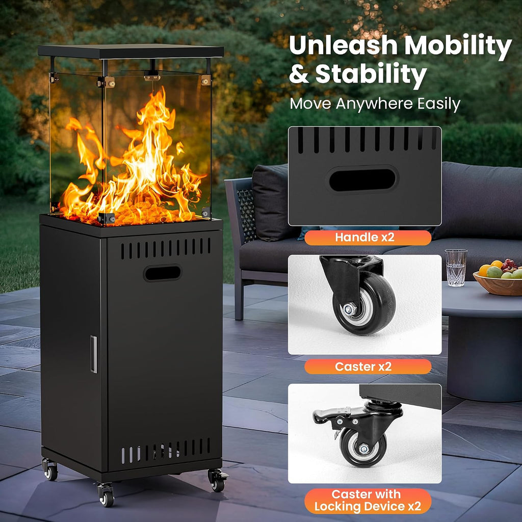 41,000 BTU Patio Heater,Propane Outdoor Heater With Cover,CSA Certificated, Lockable Wheels,Tempered Glass