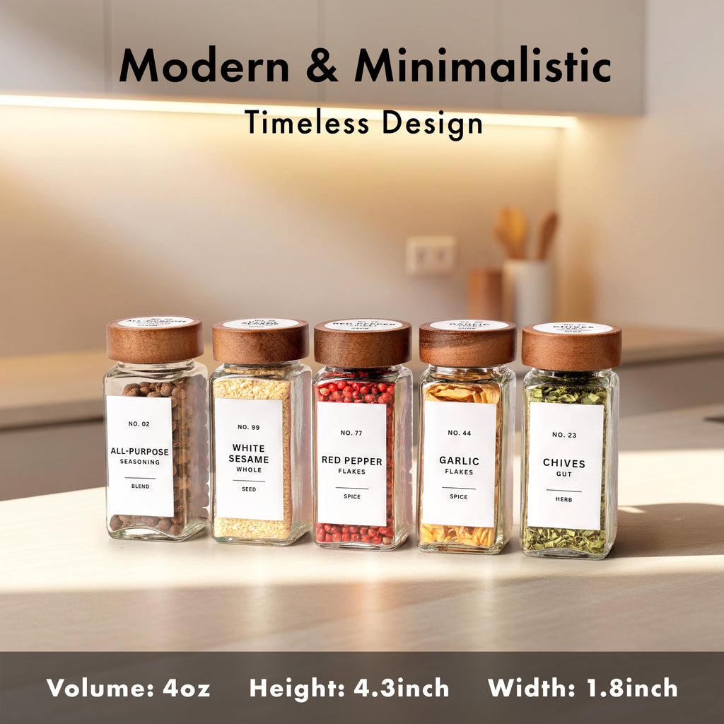 Glass Spice Jars with Label, 24x Acacia Wooden Lids - White Labels