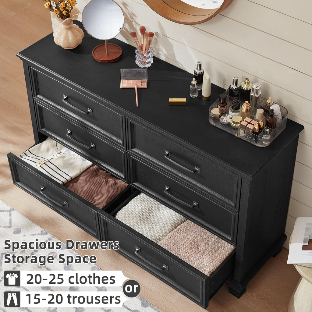 Farmhouse Black 6 Drawer Dresser, 54 inch Wide Vintage Large Chest of Drawers with Square Wood Legs, Rustic TV