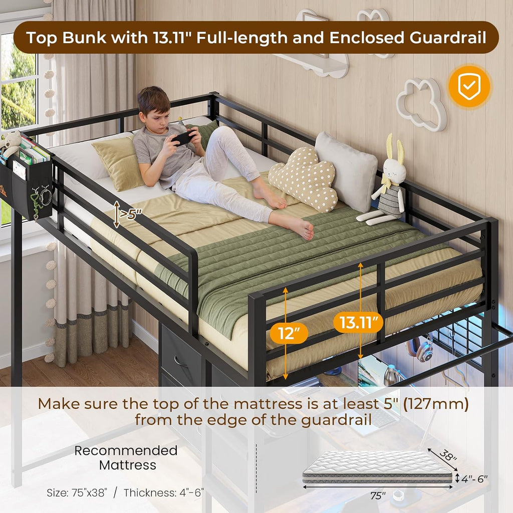 Twin Loft Bed with L-Shaped Desk and 7 Storage Drawers,Metal Twin Loft Bed for Kids with LED Lights and Charging