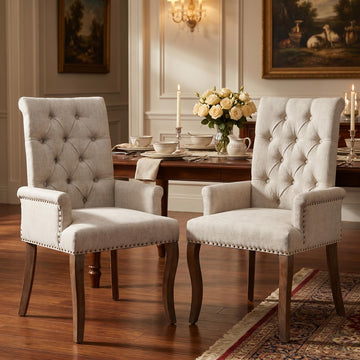 Upholstered Chenille Fabric Dining Chairs with Arms Set of 2, Tufted High Back Dining Room Chairs with Curved