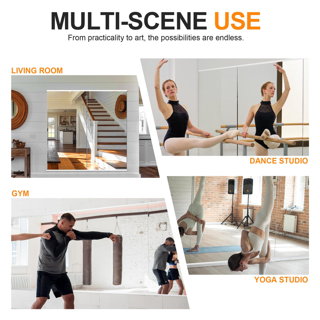 Gym Mirror,48''x24''x2PCS White,Large Full Body Tempered Glass Frameless, Wall-Mounted for Gym, Yoga, Garage