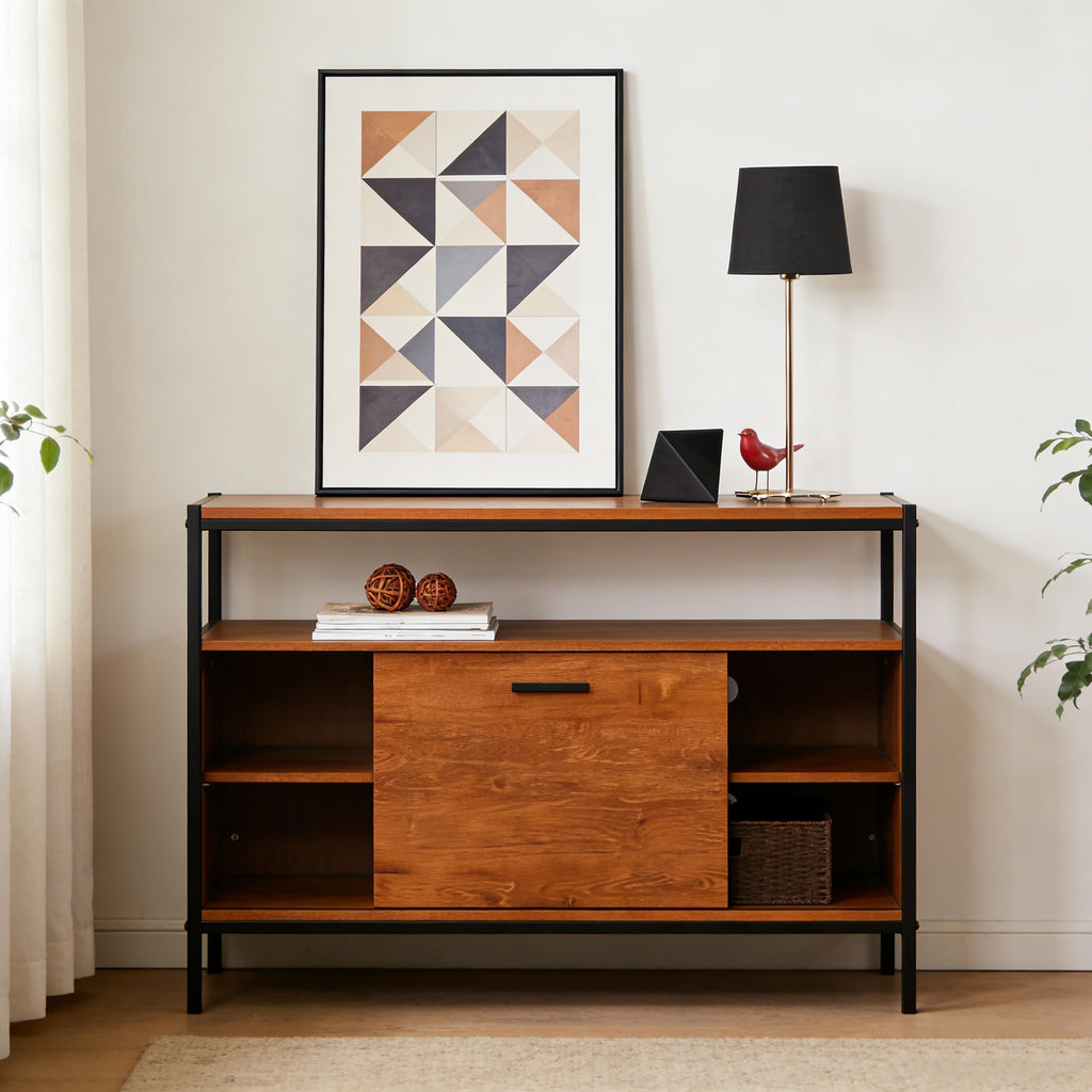 48" Sliding Barn Door TV Media Stand with Storage Shelves, Industrial Entertainment Center with Slide Door Cable