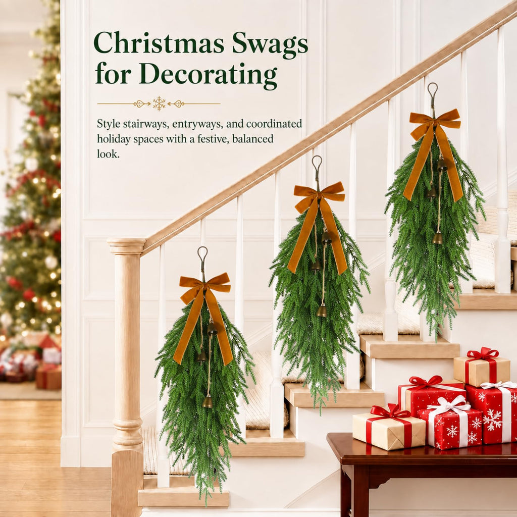 2 Pcs 27" Christmas Teardrop Swag/Artificial Norfolk Pine Teardrop Wreath .Yellow Velvet Bow & 6 Vintage Brass Bells