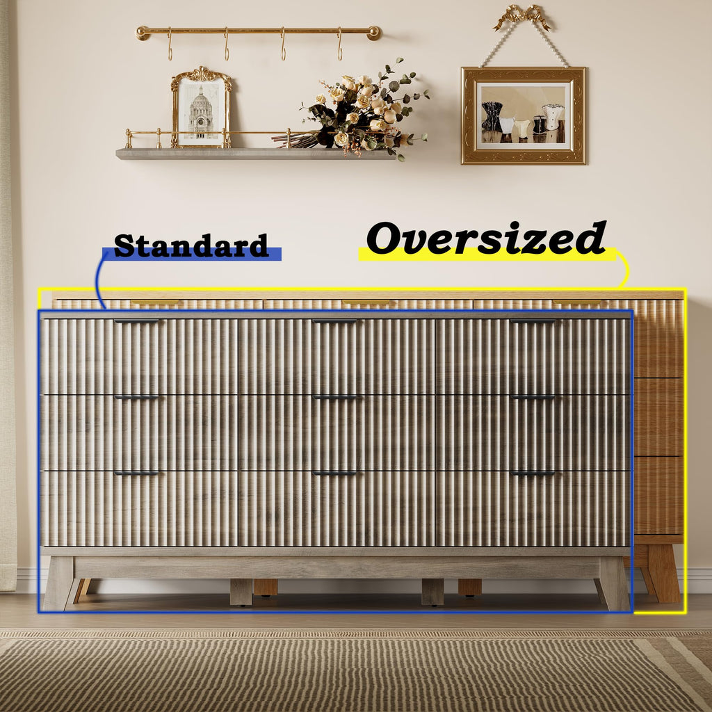 63" Long Dresser, 9-Drawer Fluted Dresser, Extra-Wide Wood Chest of Drawers with Smooth Metal Slides, Stable Base