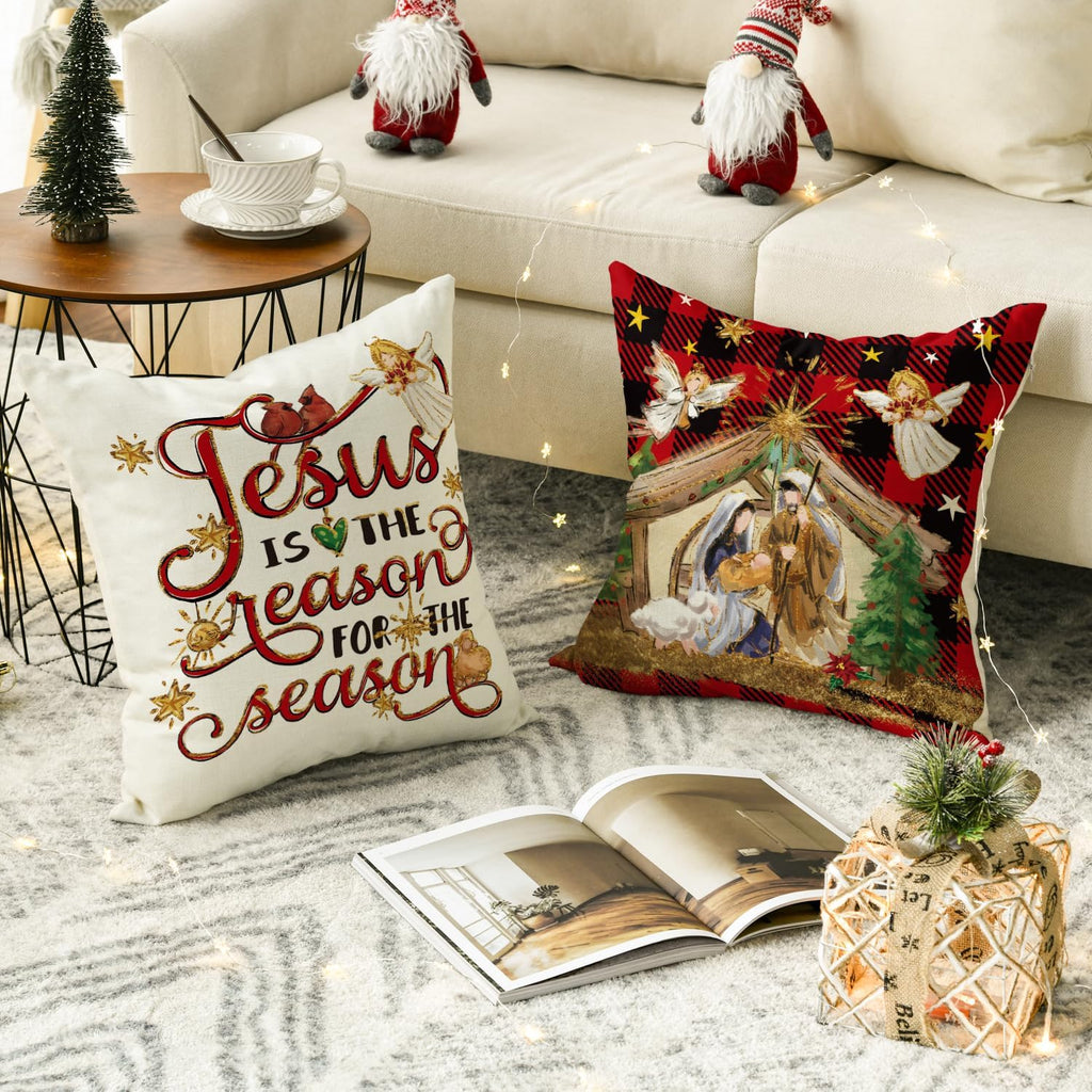 Christmas O Holy Night Jesus Cardinal Buffalo Plaid Throw Pillow Covers, 18 x 18 Inch Christmas Saying Winter Holiday - Set of 4