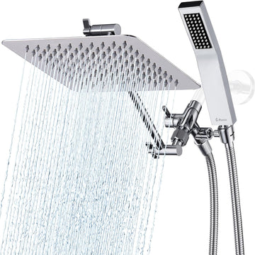 All Metal 8 Inch Dual Square Shower Head with Handheld Spray Combo, Rain Shower Head, Adjustable Extension Arm