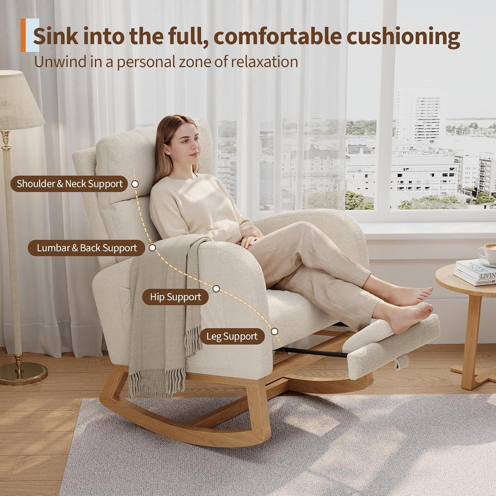 Rocking Chair, Nursery Glider Chair with Footrest, White | Modern Teddy Fleece Rocking Chair with Side Pocket and