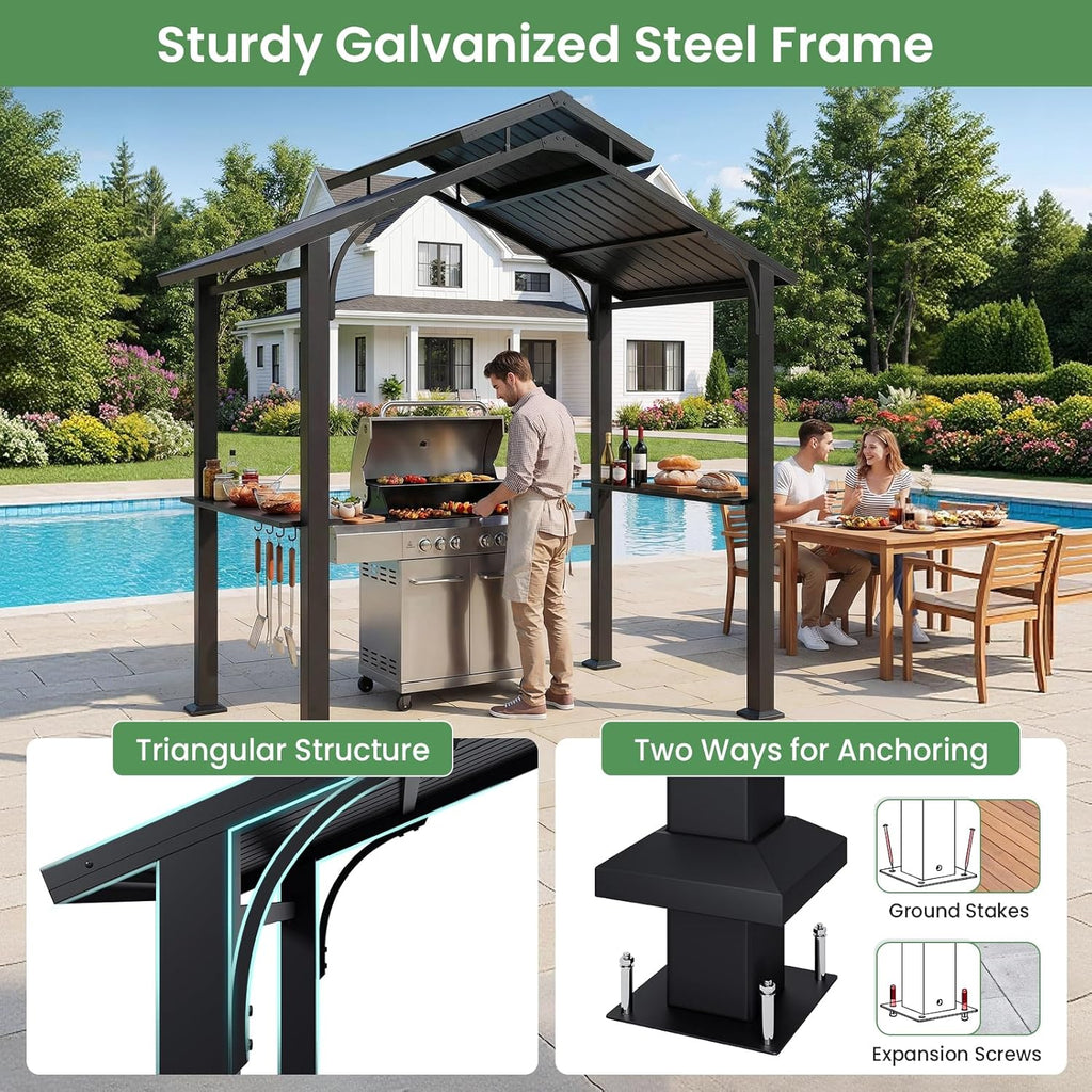 8 x 5FT Hardtop Grill Gazebo, Outdoor BBQ Gazebo w/Galvanized Steel Double Roof